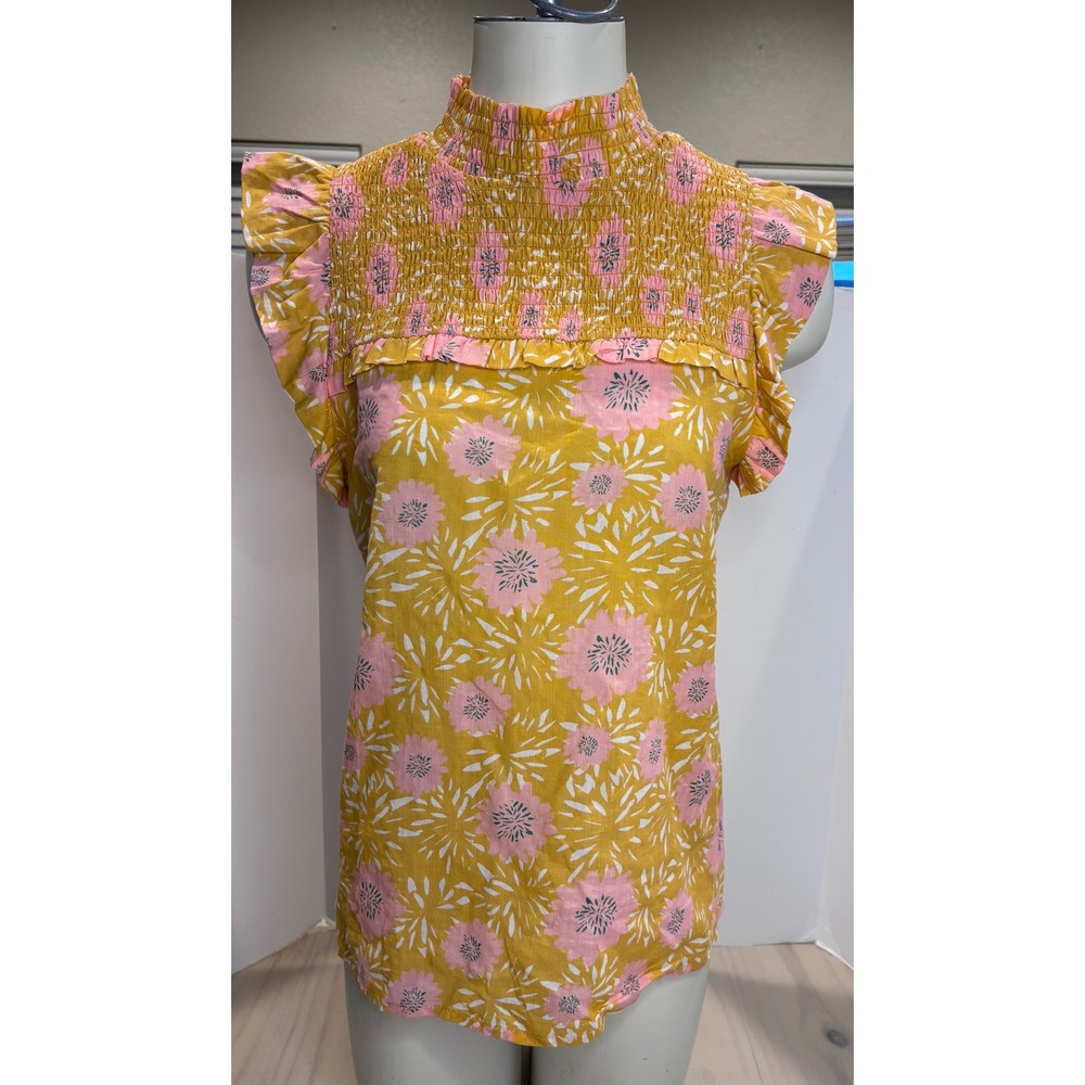 THML Womens Mustard Yellow Pink Floral Smocked Mock Neck Flutter Sleeve‎ Top S